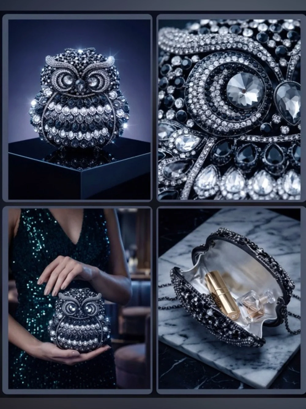 Embellished Owl Evening Clutch Bag in Clear & Black Crystals Chain Strap